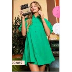 Ces Femme Waffle Shirt Dress Green Short Puff Sleeves 1XL Button Down A‎ Line